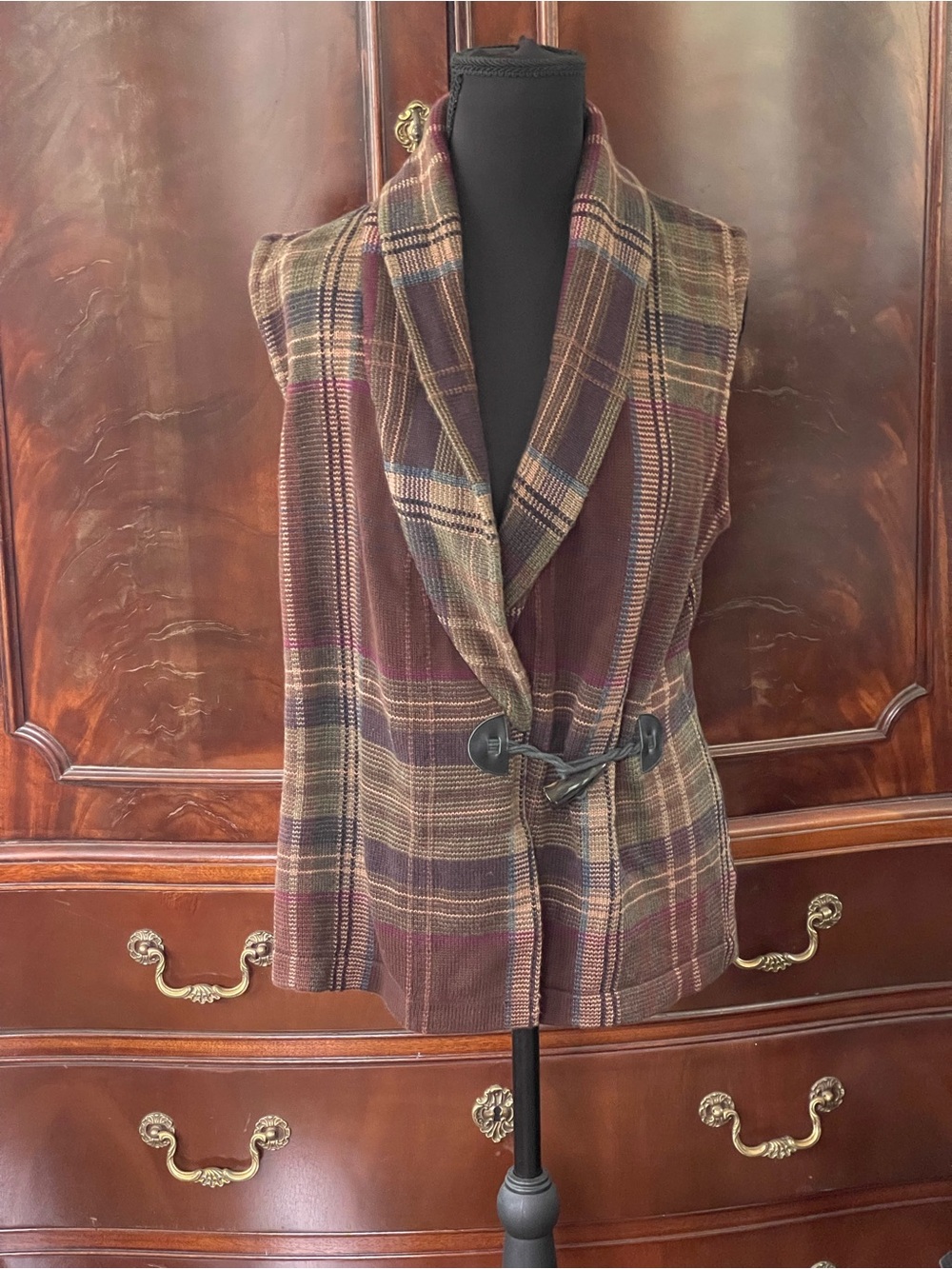 Vintage Ralph Lauren 100% cotton Plaid Brown Sleeveless Shawl Collar Vest